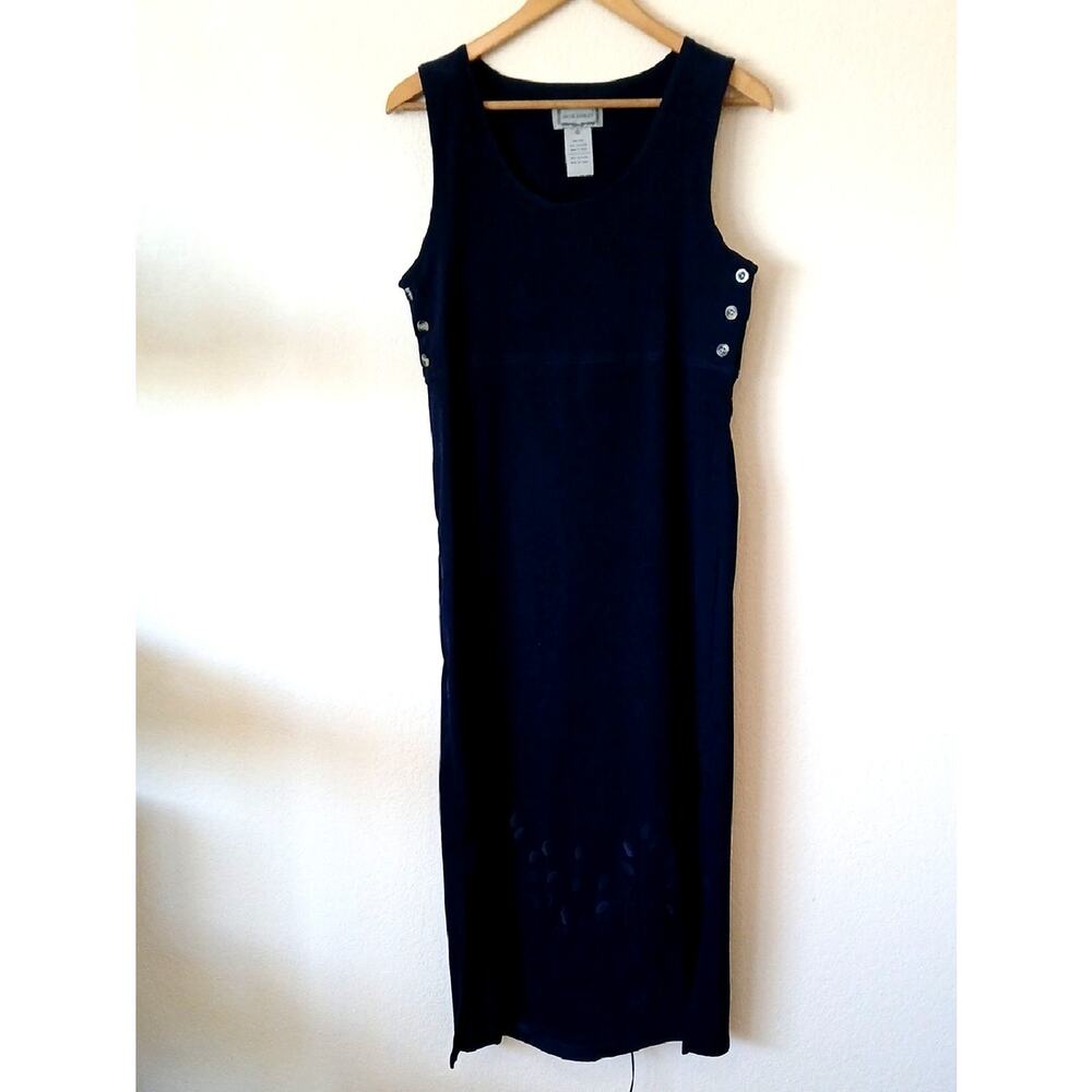 Vintage Jane Ashley Navy Blue Sleeveless Dress Embroidered Flowers At Hem